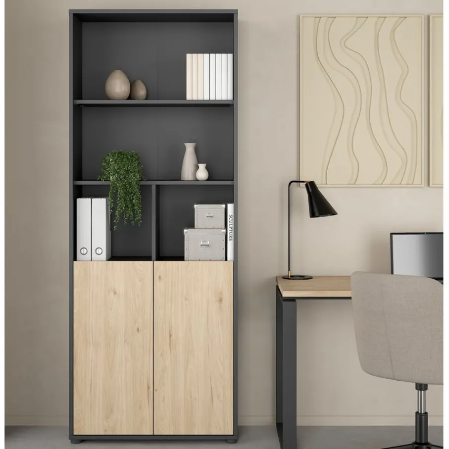 Boekenkasten|Wandkasten< Boekenkast Bram Donkergrijs / Eiken - 80x205x35 cm