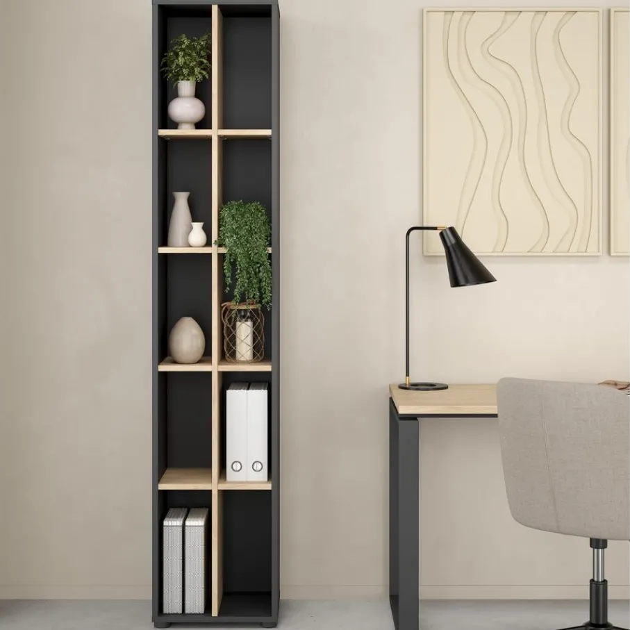 Boekenkasten|Wandkasten< Boekenkast Bram Donkergrijs / Eiken - 41x205x35 cm
