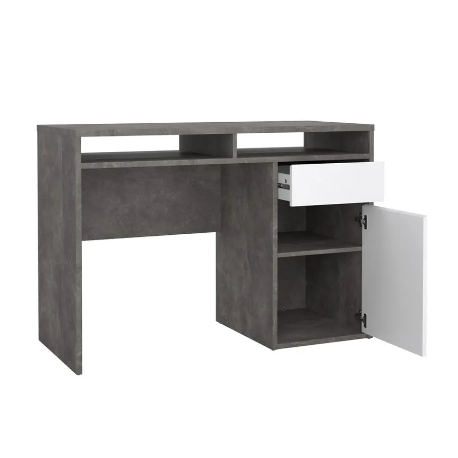 Bureaus< Bureau Boston Beton / Hoogglans Wit - 111x78x49 cm