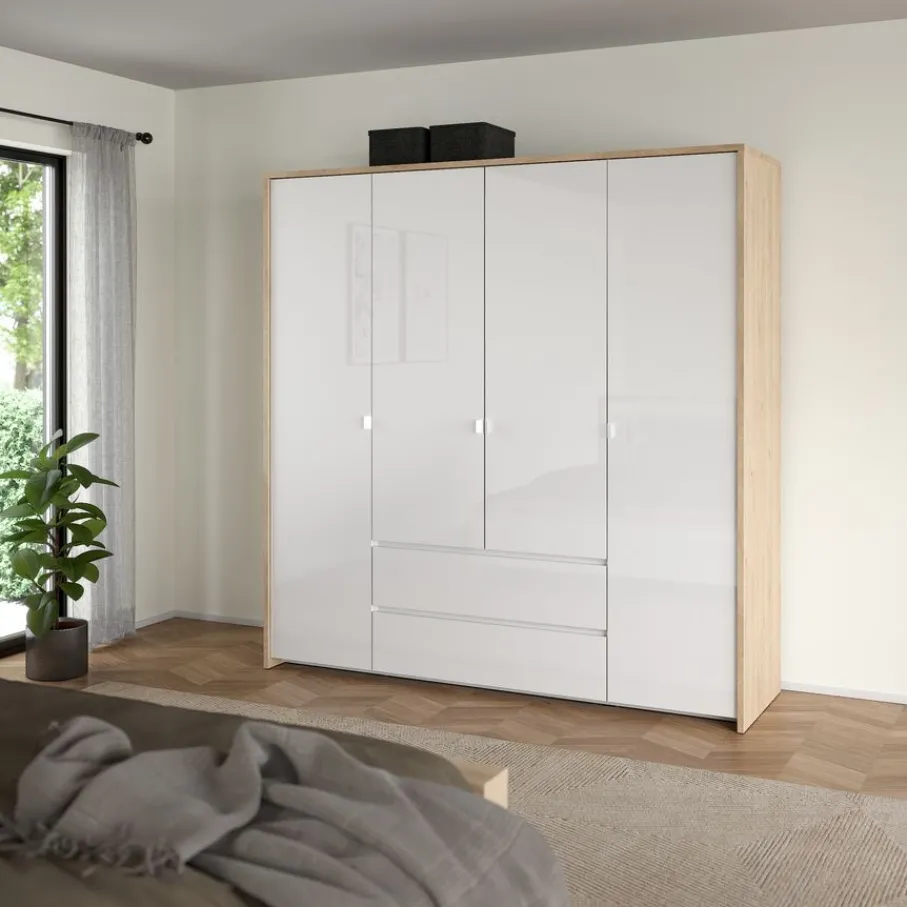 Kledingkasten< Kledingkast Atlanta Eiken / Hoogglans Wit - 197x202x58 cm
