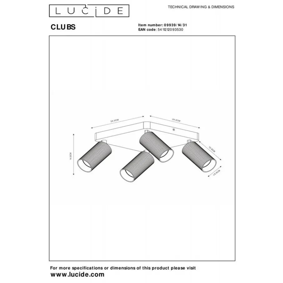 Spots<Lucide Plafondspot Clubs Wit - 4 x GU10 - 24x24 cm