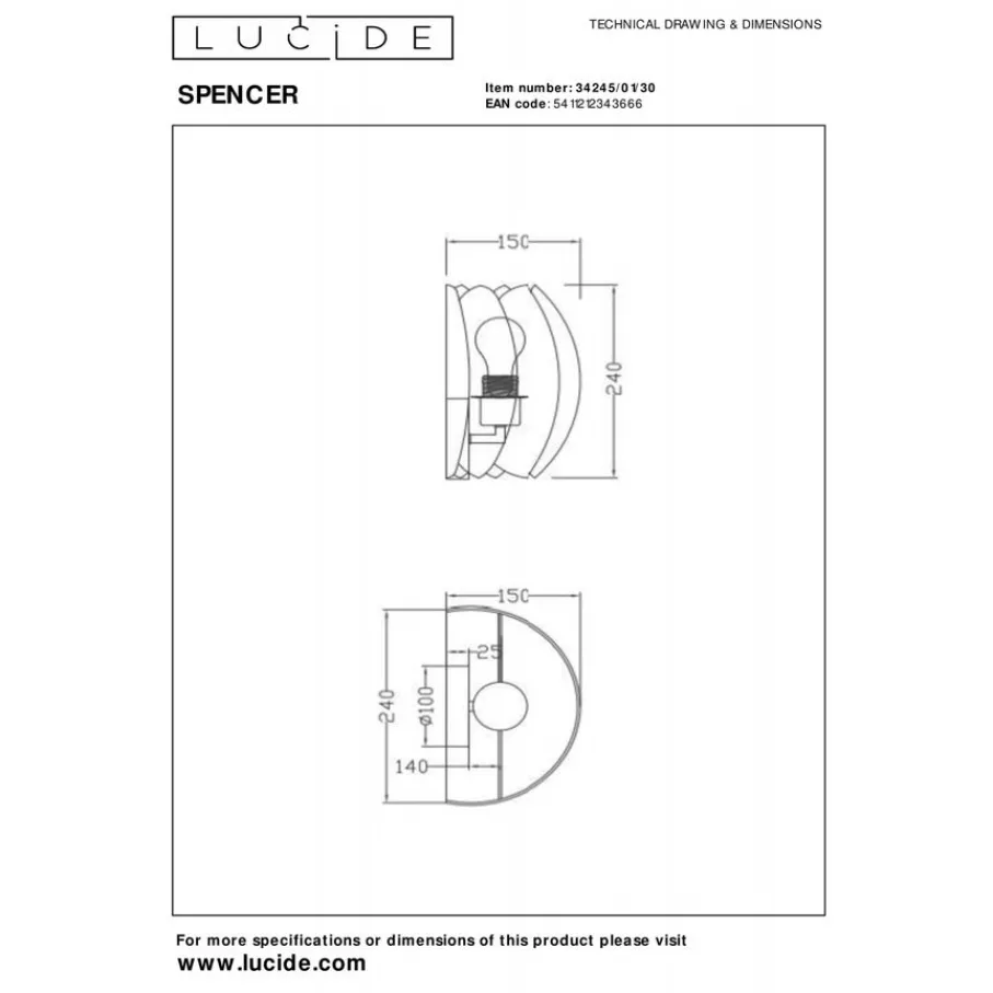 Wandlampen<Lucide Wandlamp Spencer Zwart - E27 - 24 cm breed