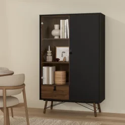 Vitrinekasten< Vitrinekast Denver Zwart / Walnoot - 102x162x40 cm