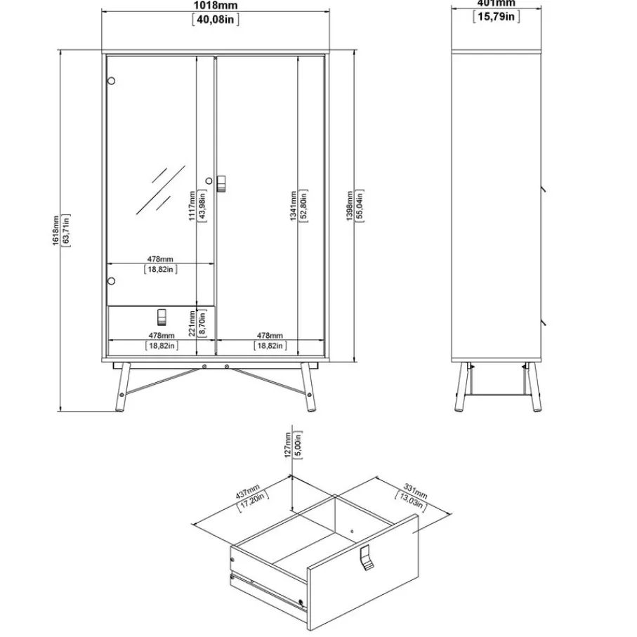 Vitrinekasten< Vitrinekast Denver Zwart / Walnoot - 102x162x40 cm