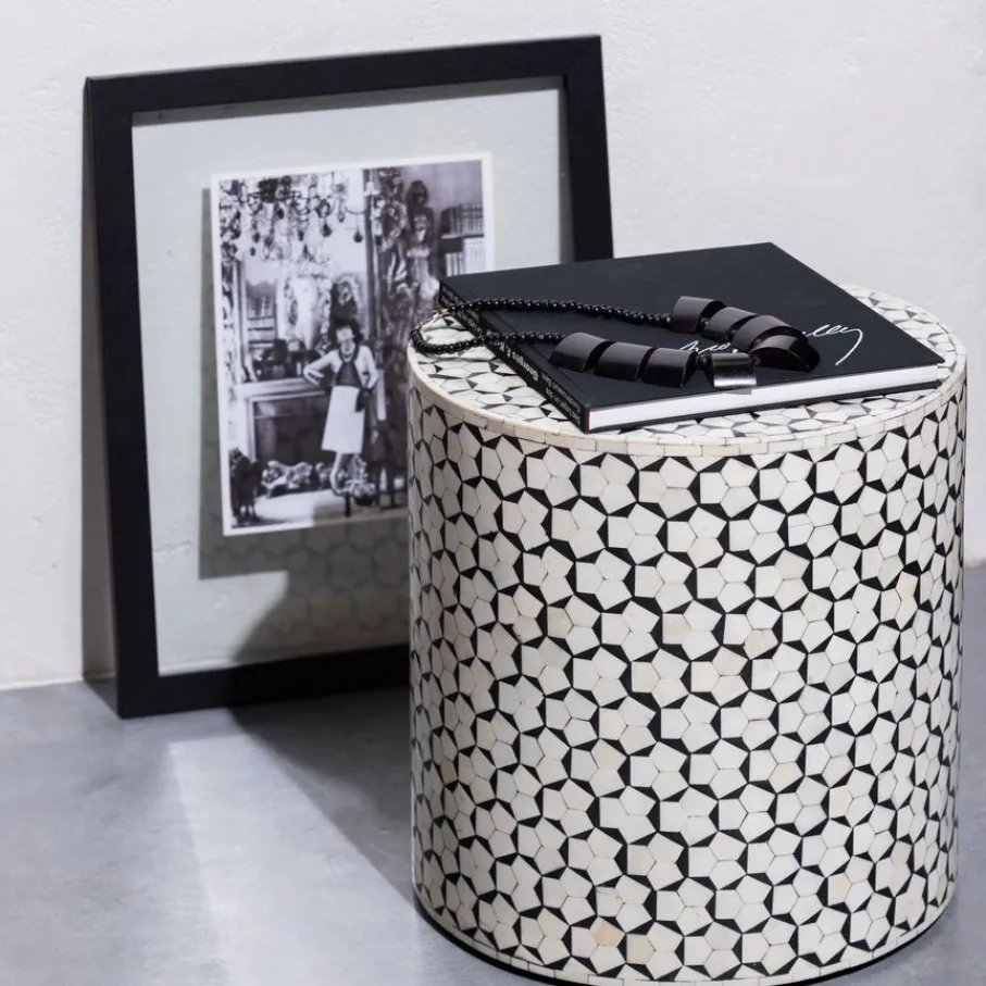 Bijzettafels<WOOOD Bijzettafel Neva Zwart/Wit - Ø 37 cm