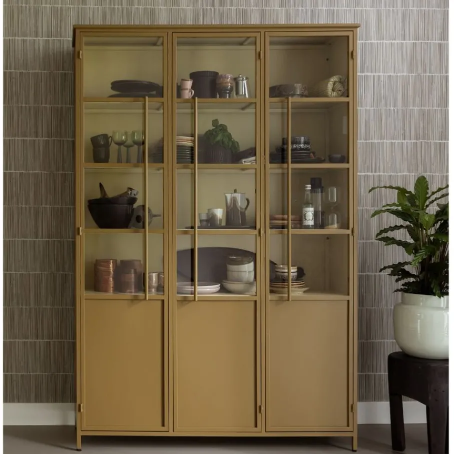 Buffetkasten|Vitrinekasten<WOOOD Vitrinekast Exhibit XL Honinggeel - 142x200x44 cm